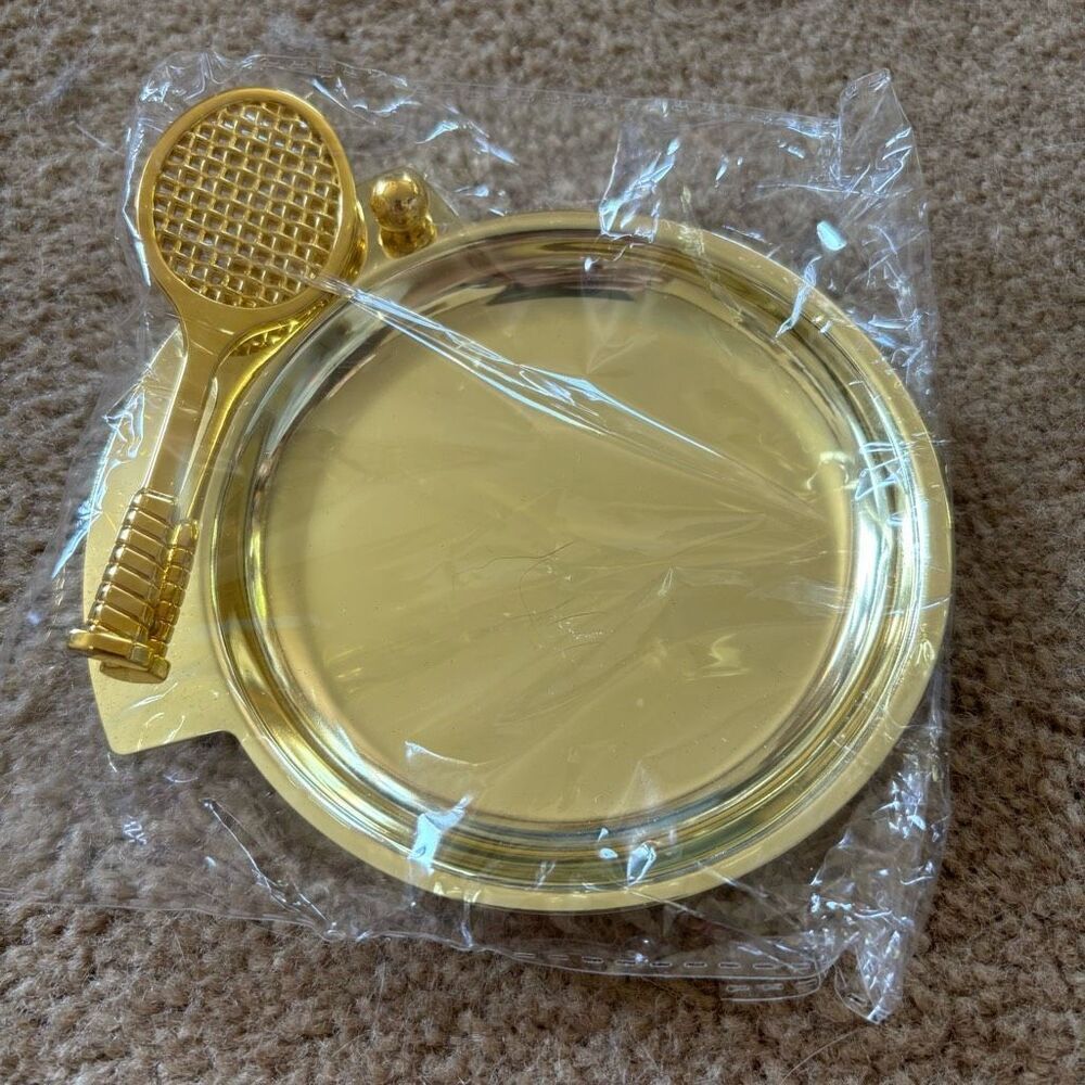 Gold Tone Metal Tennis Racket Coin Trinket Tray *New*